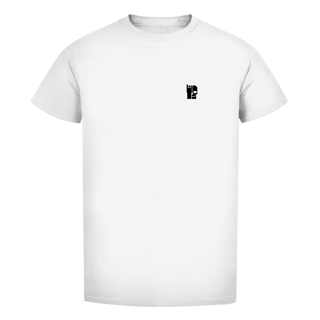 Herren-Bio-T-Shirt, weiß, Rundhalsausschnitt mit kleinem Brustdruck.