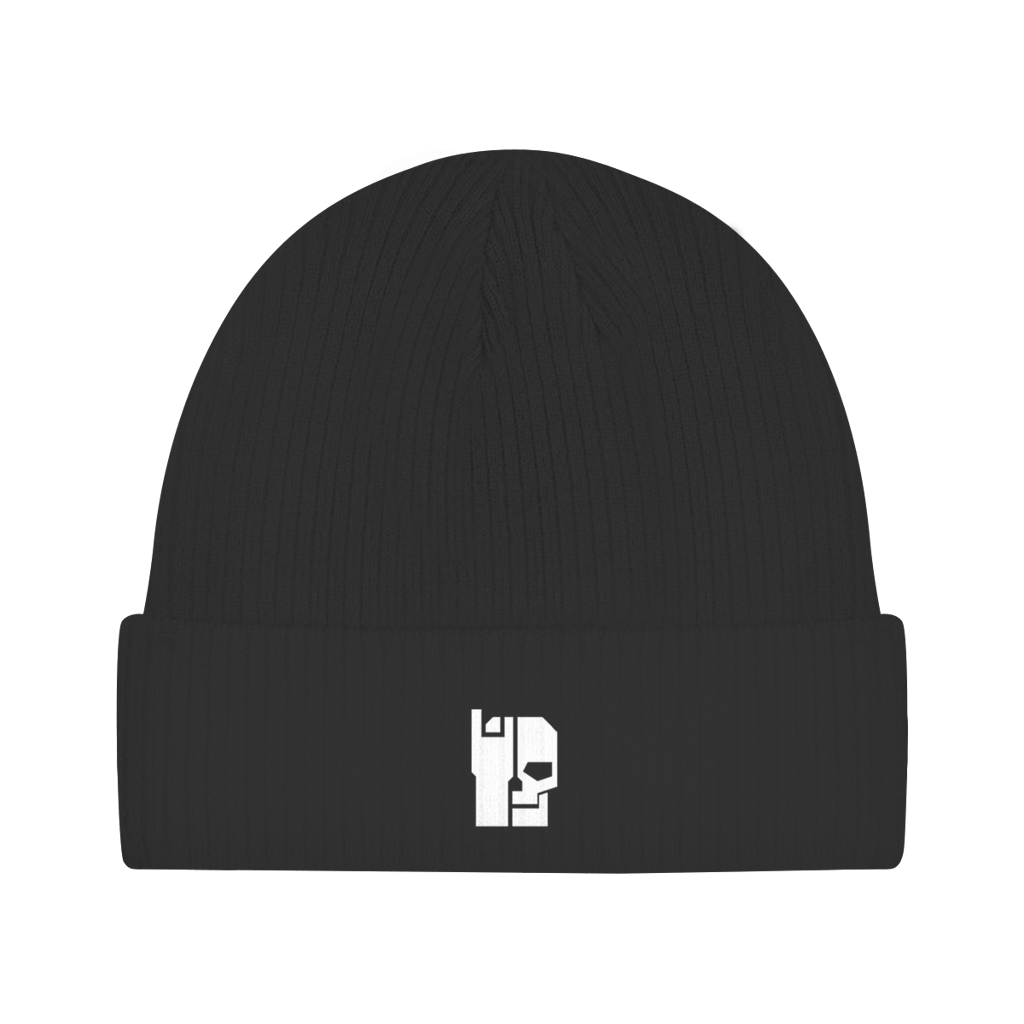 BnU Basic Beanie in Schwarz, gerippte Strickmütze mit weißem Logo vorn