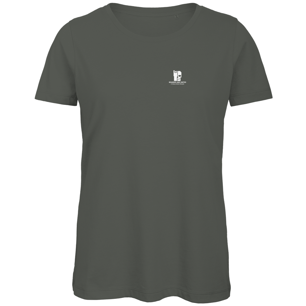 Damen T-Shirt Bio, khaki, Rundhals mit kleinem Brust-Logo