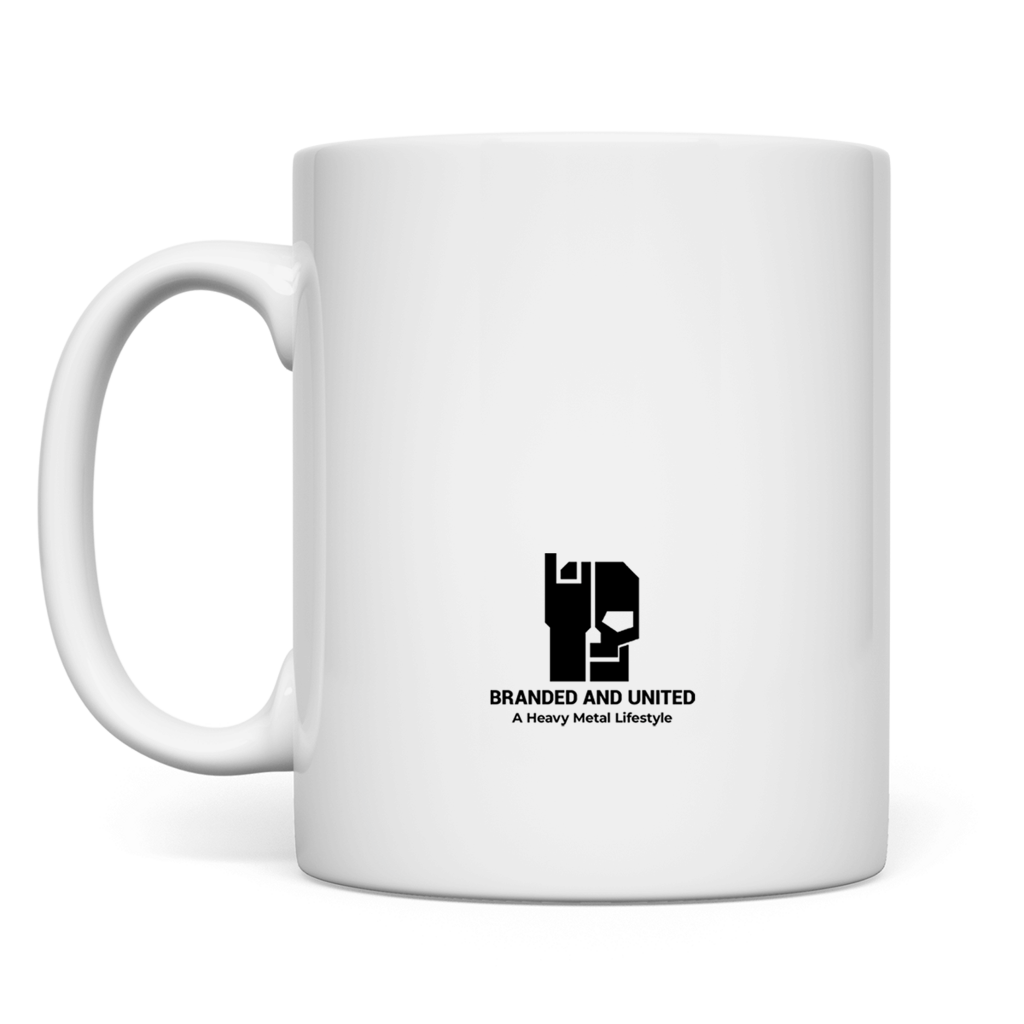Weiße Tasse mit Logo-Print vorn, Henkel links