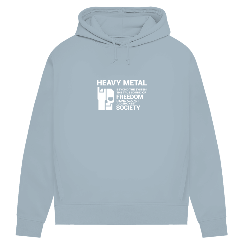 Damen Bio-Hoodie, Blue Fog, Frontprint „HEAVY METAL“ mit Grafik