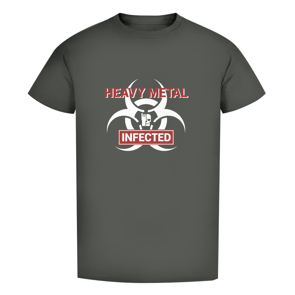 BnU Metal Hazard Herren T-Shirt, khakifarbenes Shirt mit „HEAVY METAL INFECTED“-Motiv vorne