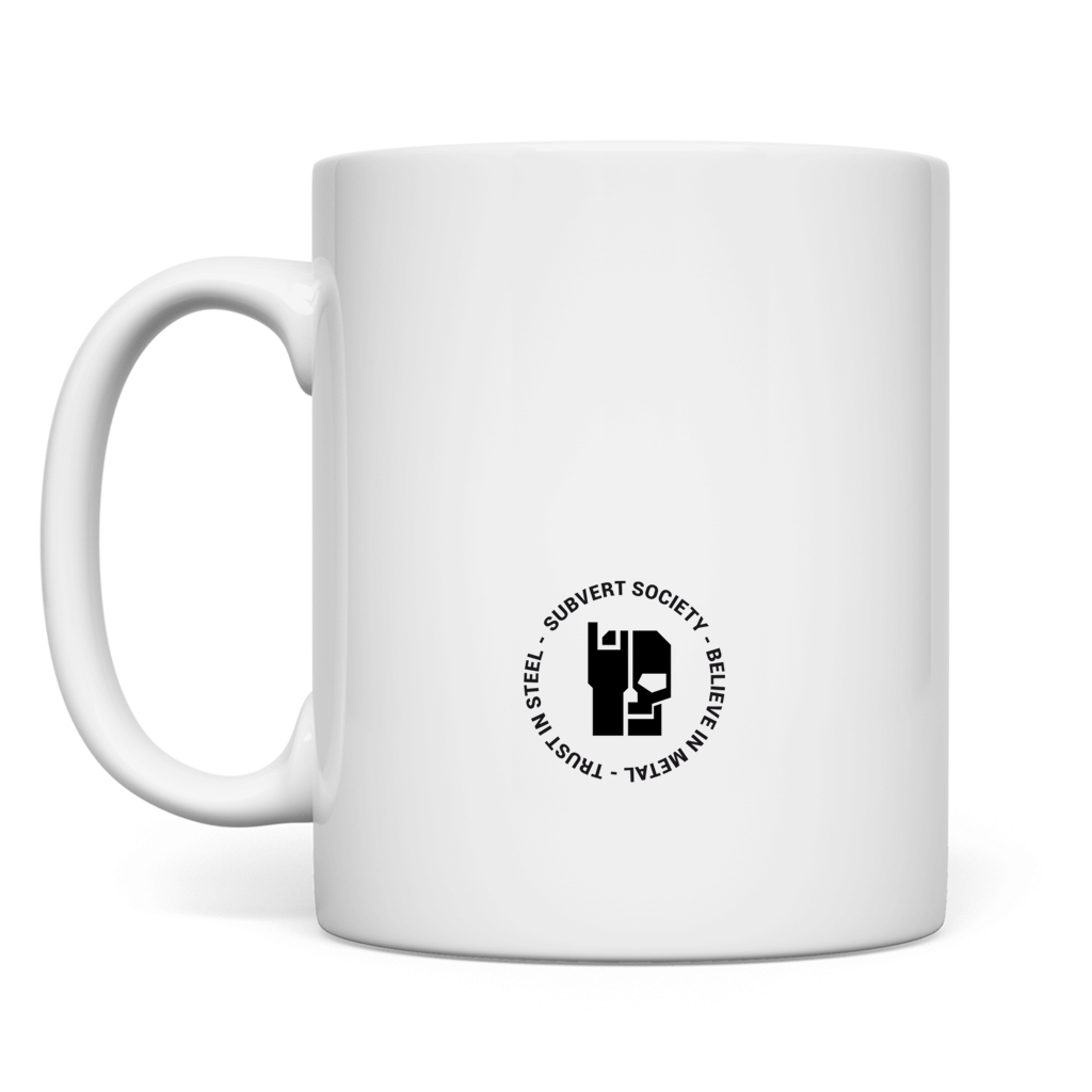 BnU Subvert Society Tasse, weiß: runder Logoaufdruck mit Schrift