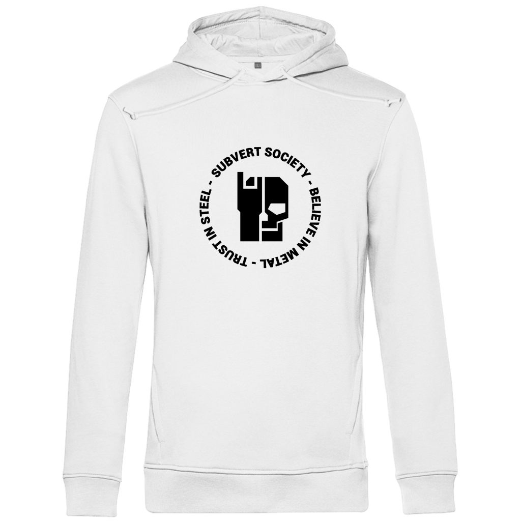 Herren Hoodie Bio, weiß, Rückansicht mit rundem „Subvert Society“-Print