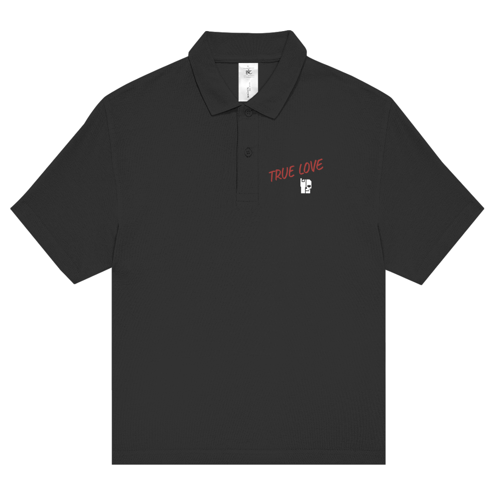 Schwarzes Poloshirt mit Knopfleiste, rotem „TRUE LOVE“ Print