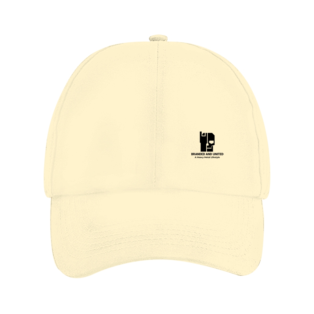 Dad cap in sand color with front panel stitching and small embroidered logo
