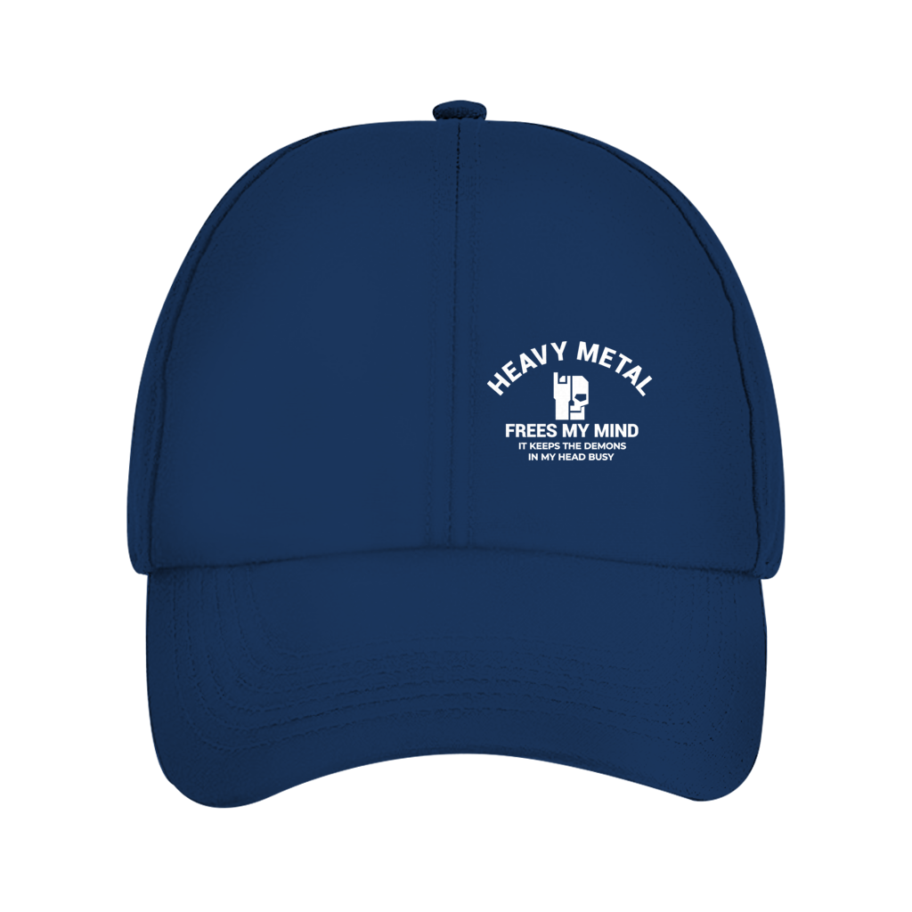 Dad Cap Bio in Oxford Navy mit „Heavy Metal“ Print auf der Vorderseite
