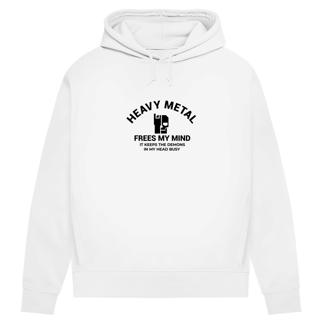 Damen-Hoodie Weiß mit Kapuze, Kordeln und „HEAVY METAL“-Frontprint