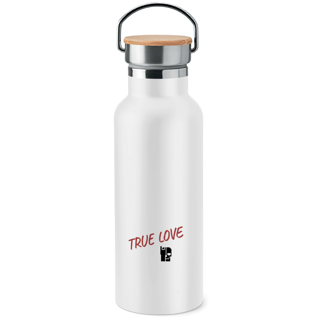 BnU True Love Edelstahlflasche, weiß, mit Holzdeckel und „TRUE LOVE“-Schrift
