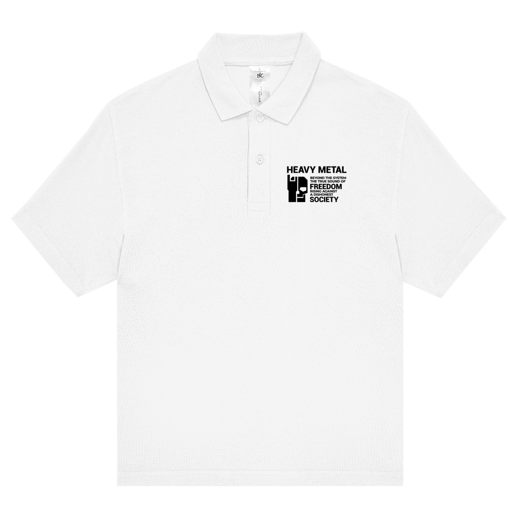 Unisex polo shirt, white, button-front with “Heavy Metal” front graphic