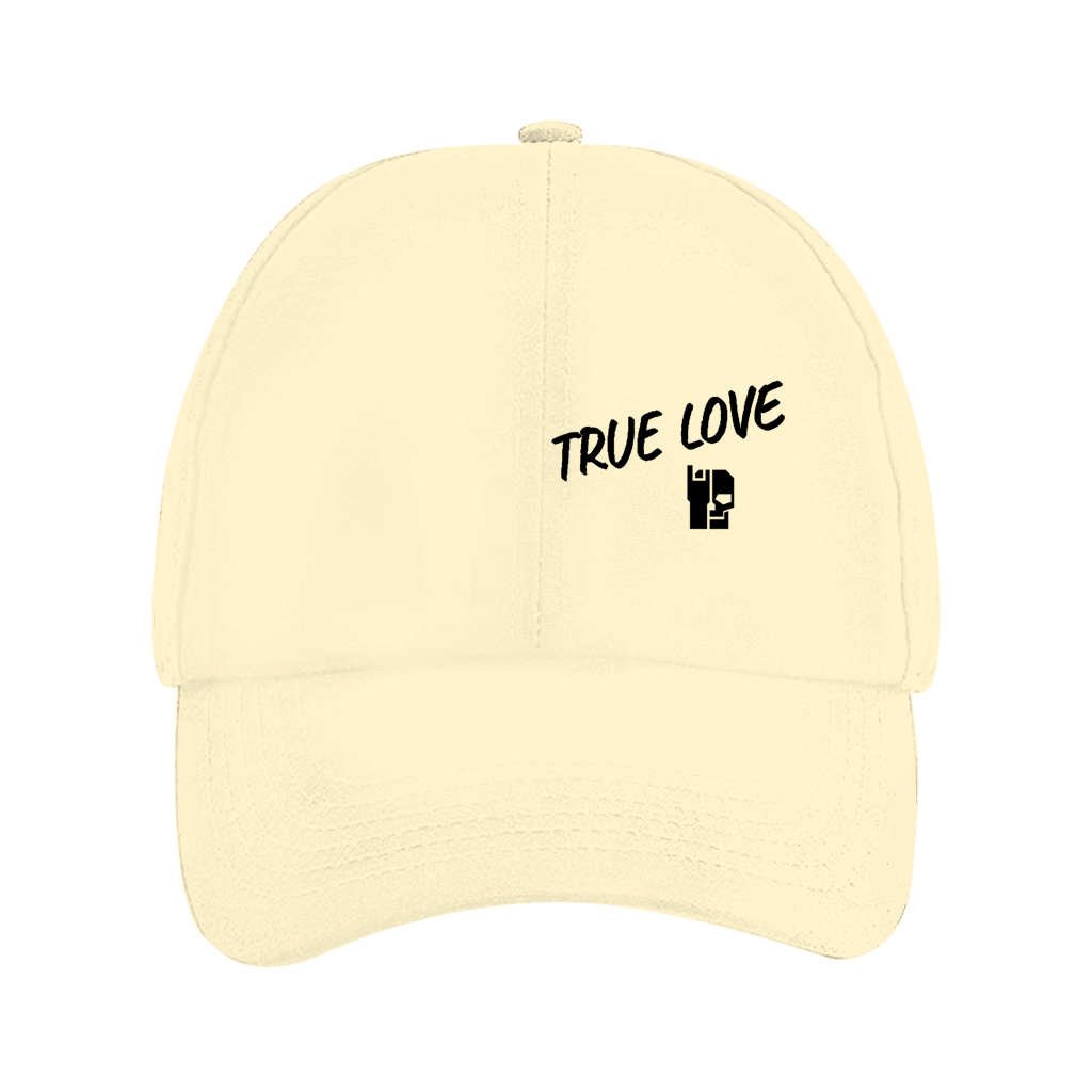 Sand solid dad cap with black "TRUE LOVE" embroidery and logo