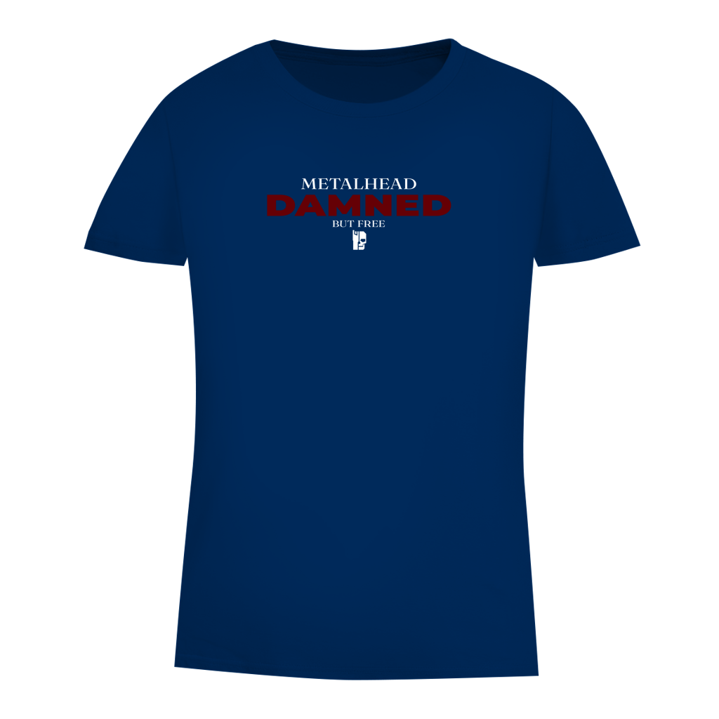 Dunkelblaues Damen-T-Shirt mit rotem Brust-Print, Rundhalsausschnitt