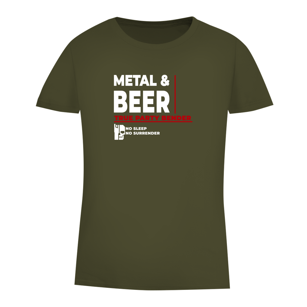 Damen-T-Shirt khaki/grün mit Frontprint „METAL & BEER“