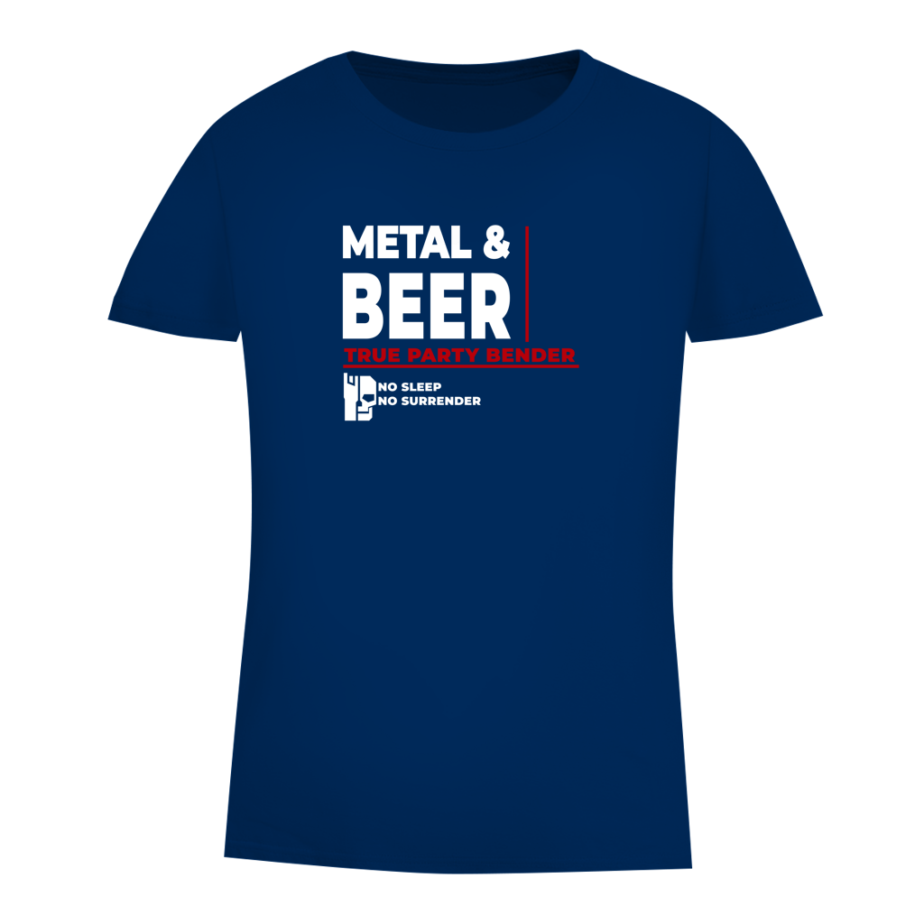 Damen-T-Shirt blau mit Frontprint „METAL & BEER“