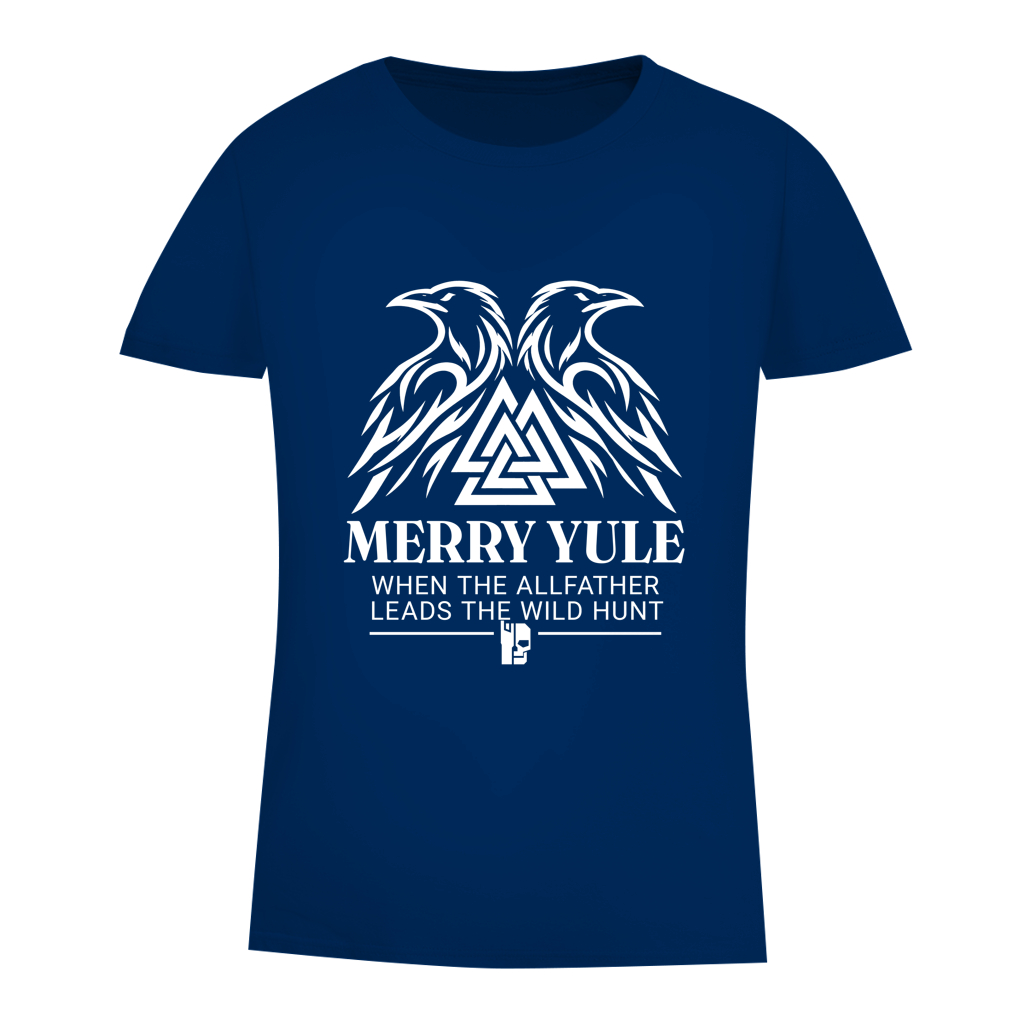 Damen-T-Shirt „Merry Yule“ in Dunkelblau mit weißem Rabendruck.