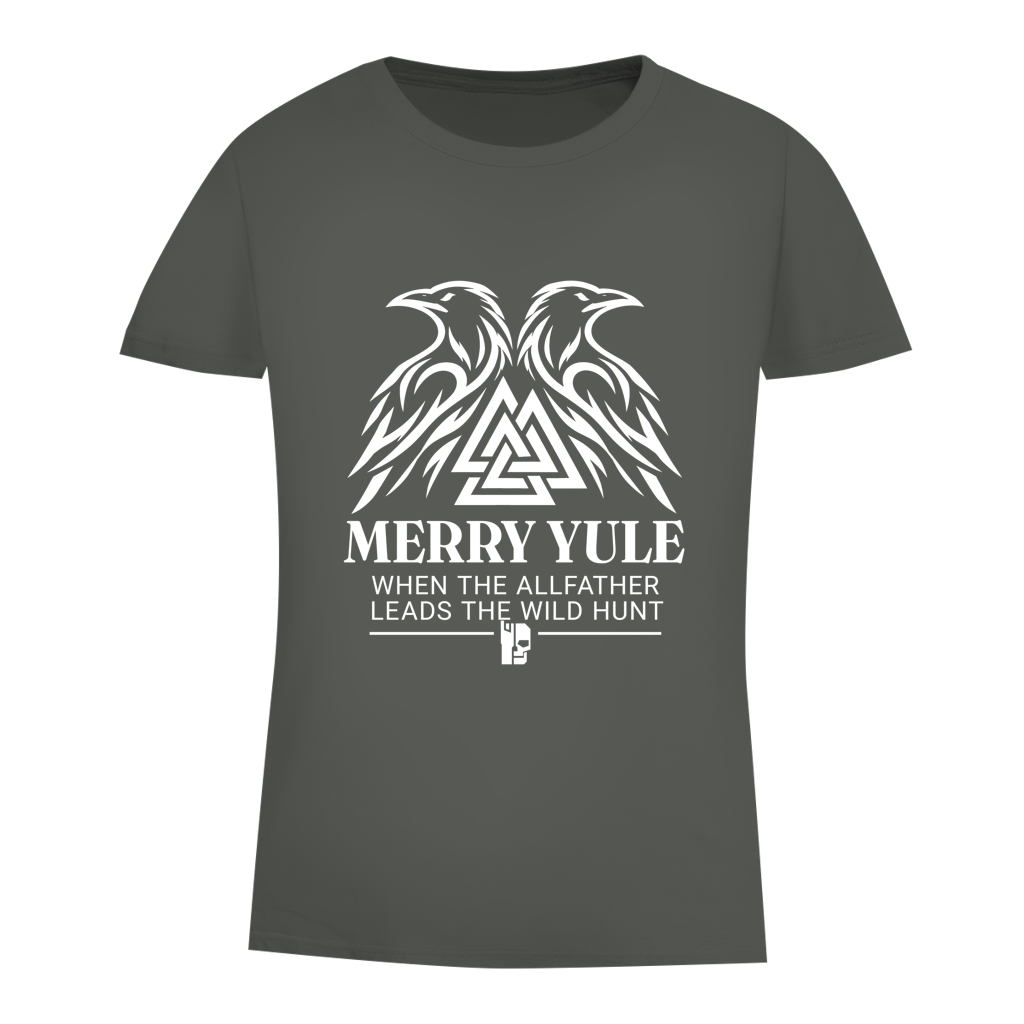 Damen-T-Shirt „Merry Yule“ in Khaki mit weißem Rabendruck.