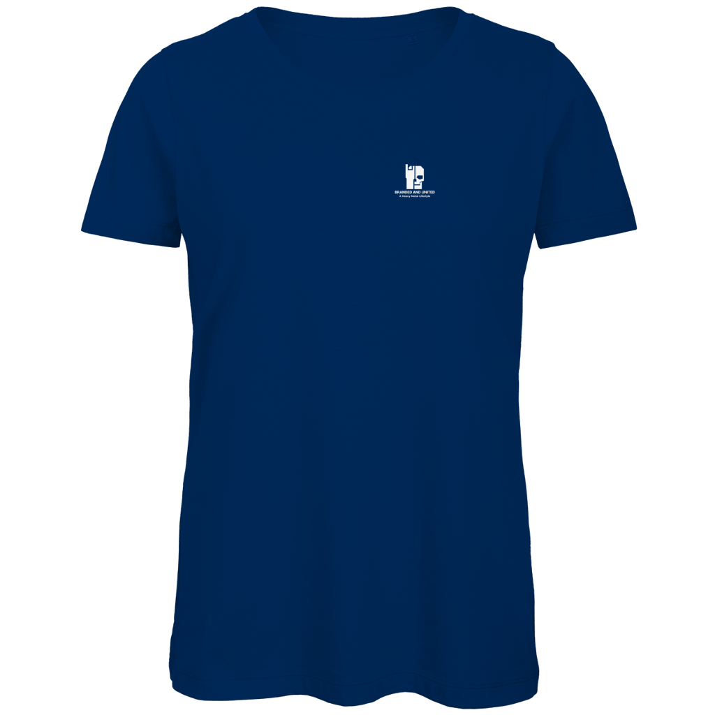 Damen T-Shirt Bio, blau, Rundhals mit kleinem Brust-Logo