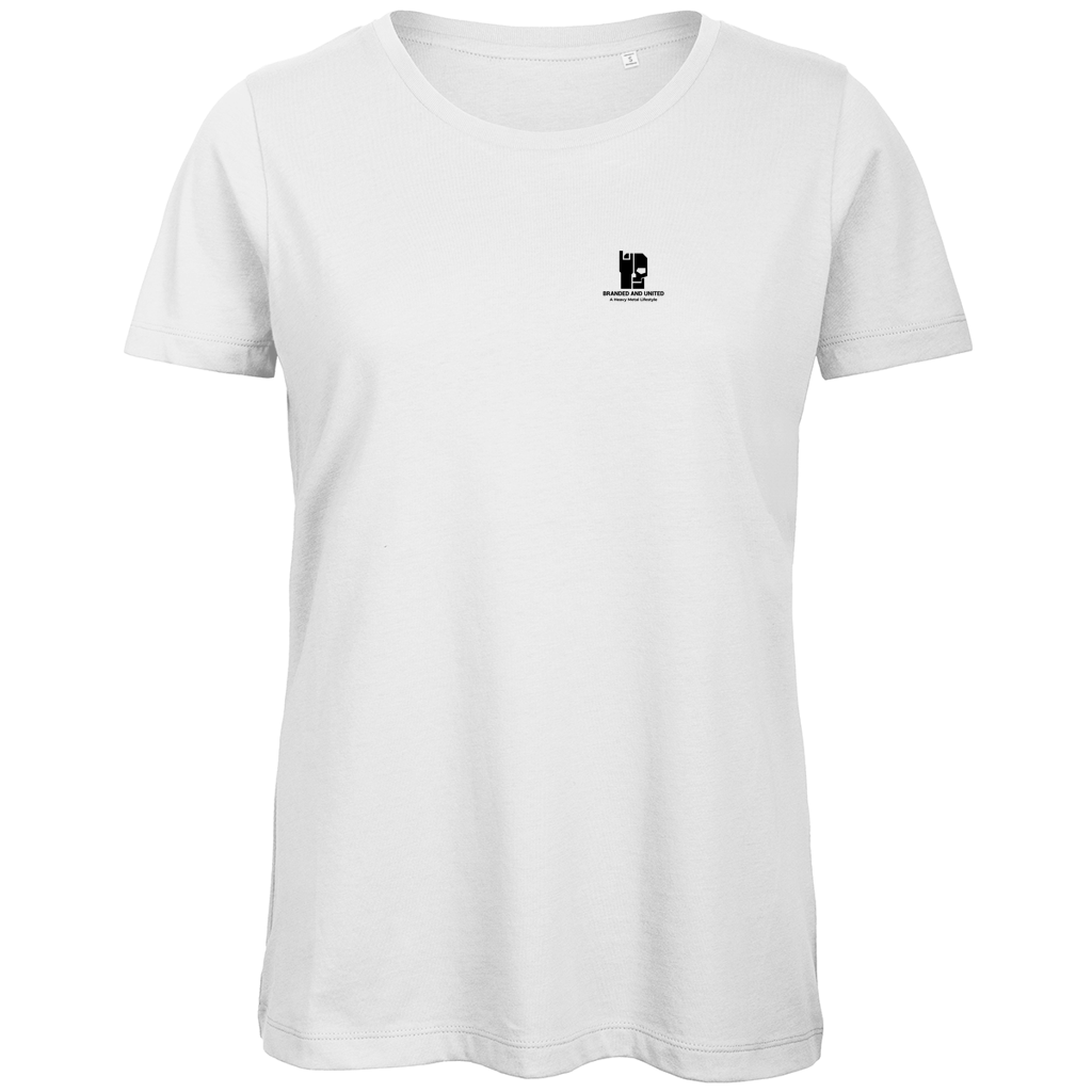 Damen T-Shirt Bio, weiß, Rundhals mit kleinem Brust-Logo