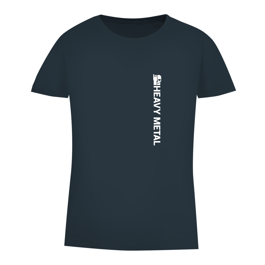 Damen Bio-T-Shirt, Navy, Rundhalsausschnitt, vertikaler „HEAVY METAL“-Schriftzug