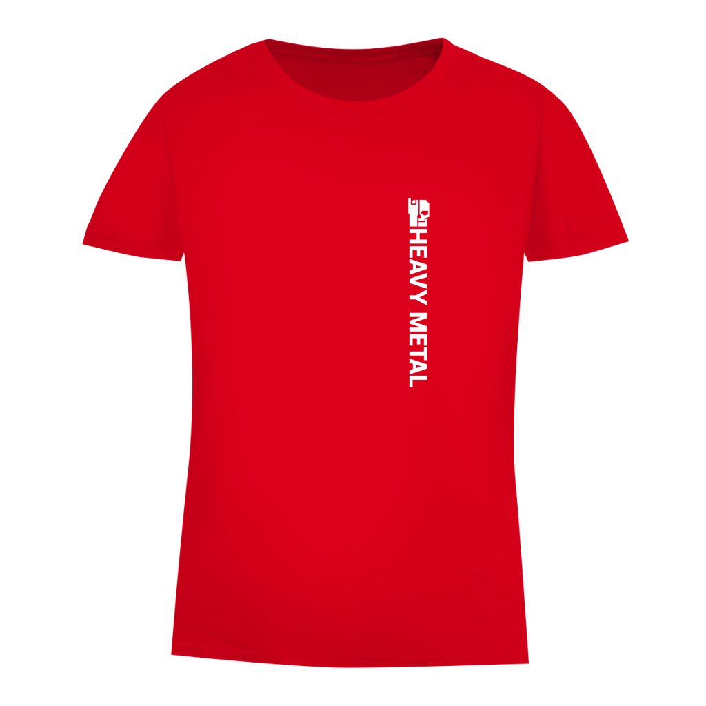 Damen Bio-T-Shirt, Rot, Rundhalsausschnitt, vertikaler „HEAVY METAL“-Print