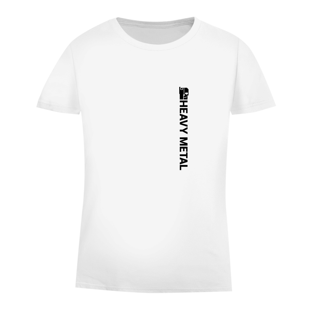 Damen Bio-T-Shirt, weiß, Rundhalsausschnitt, vertikaler „HEAVY METAL“-Print