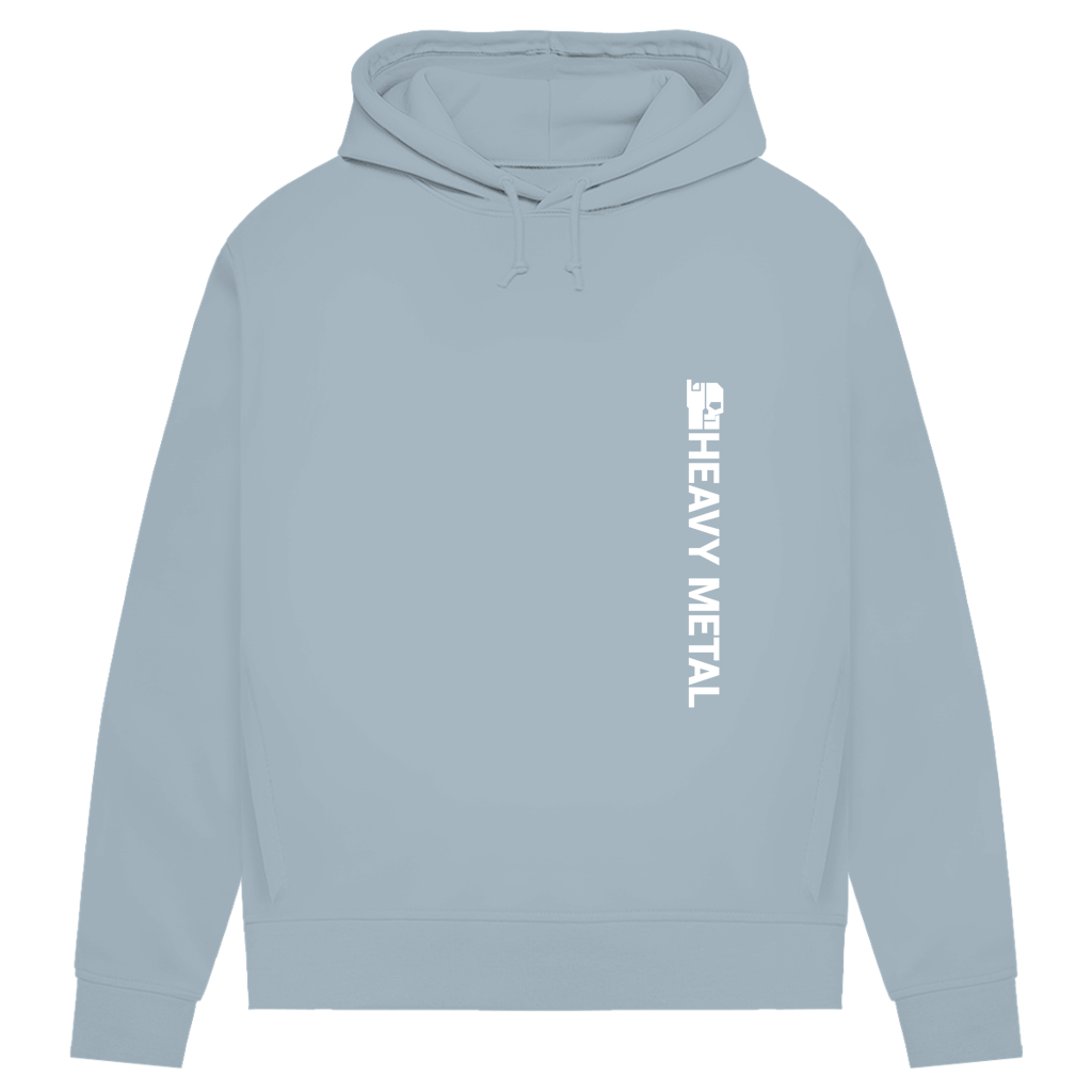 Hoodie für Damen (Bio) in Blau-Grau mit vertikalem „HEAVY METAL“-Print auf der Brust