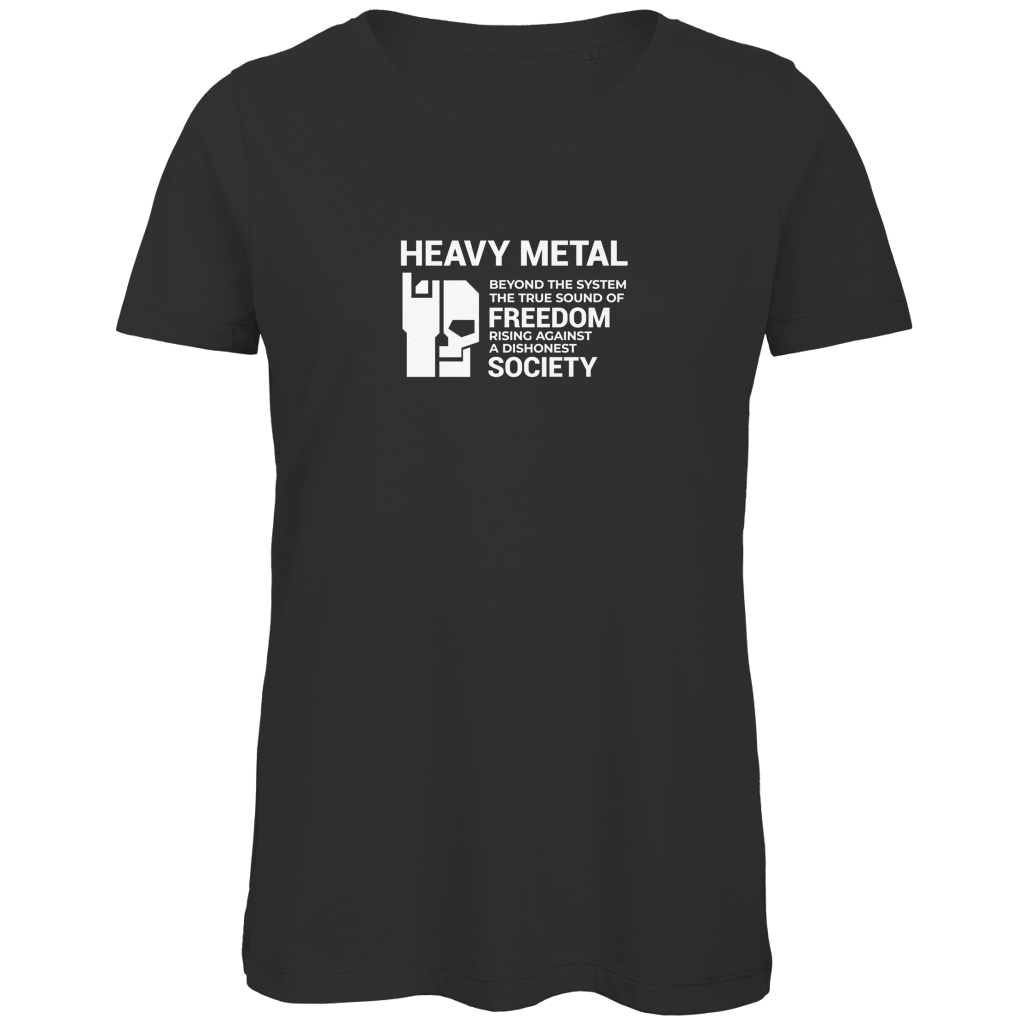 Damen-T-Shirt Bio schwarz, Frontprint „HEAVY METAL“ mit weißem Motiv