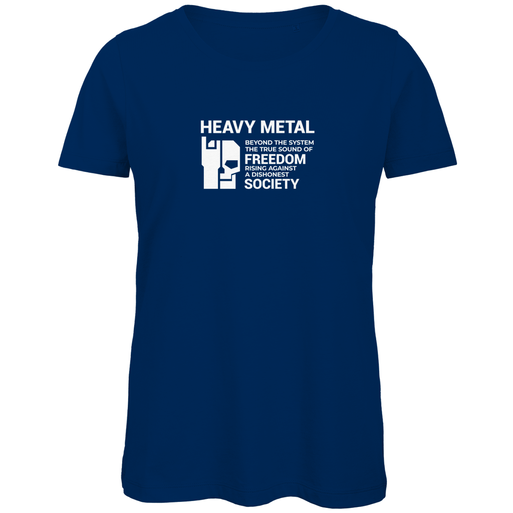 Damen-T-Shirt Bio Navy, Frontprint „HEAVY METAL“ mit weißem Motiv