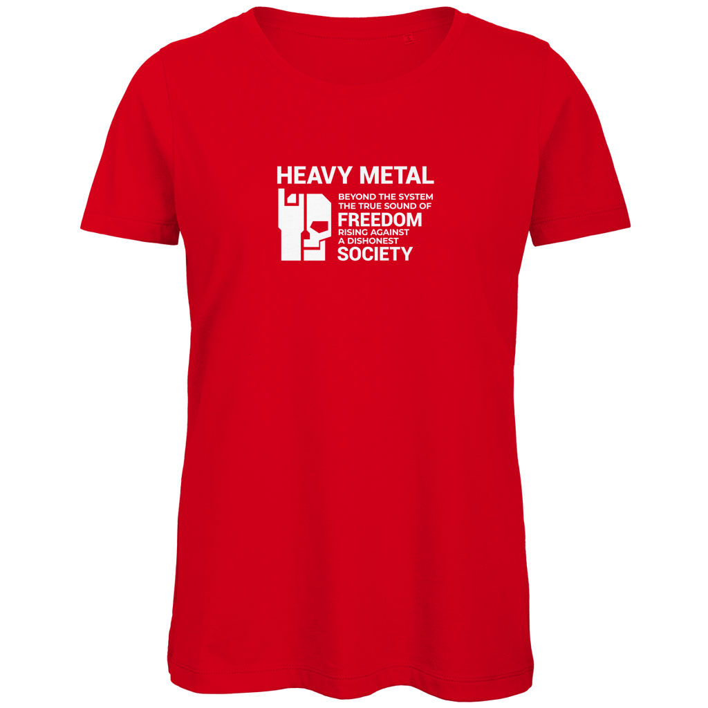 Damen-T-Shirt Bio Rot, Frontprint „HEAVY METAL“ mit weißem Motiv