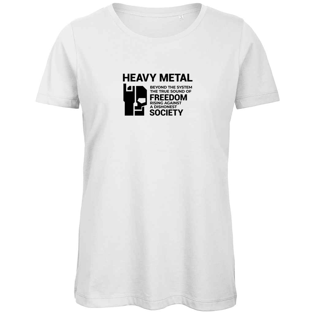 Damen-T-Shirt Bio Weiß, Frontprint „HEAVY METAL“ mit weißem Motiv