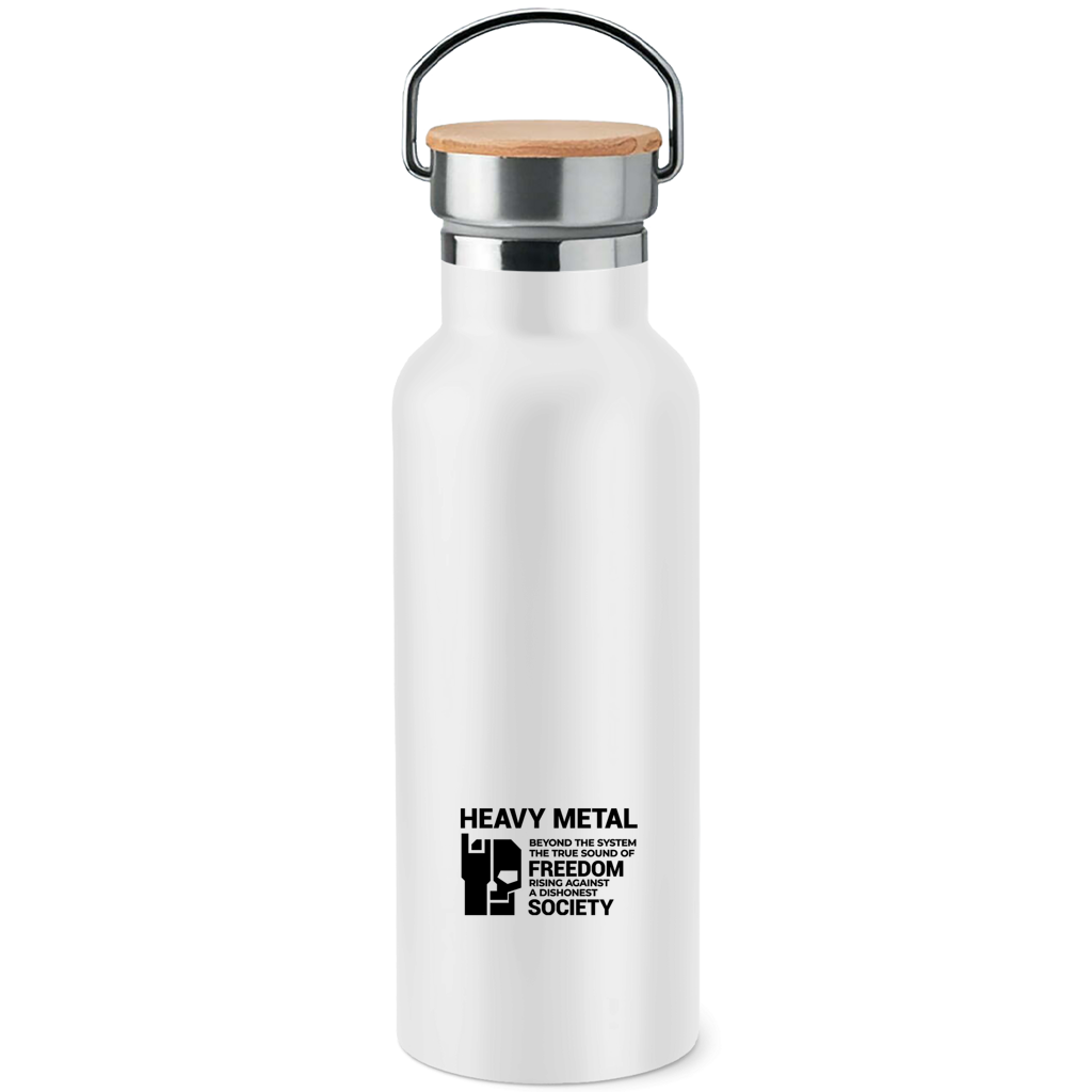 Edelstahl-Trinkflasche: weiß, Textmotiv, Holzdeckel