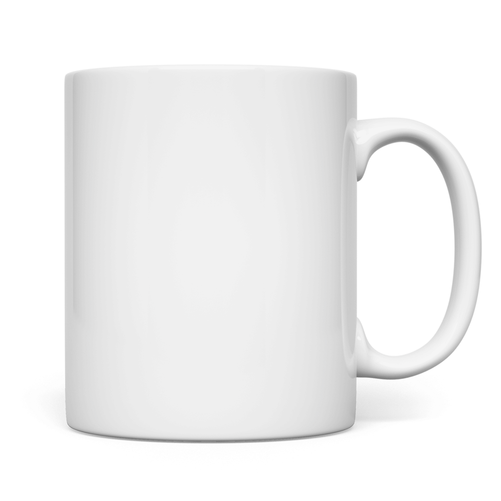 Weiße BnU-Tasse, seitliche Ansicht mit Henkel und glatter Keramik