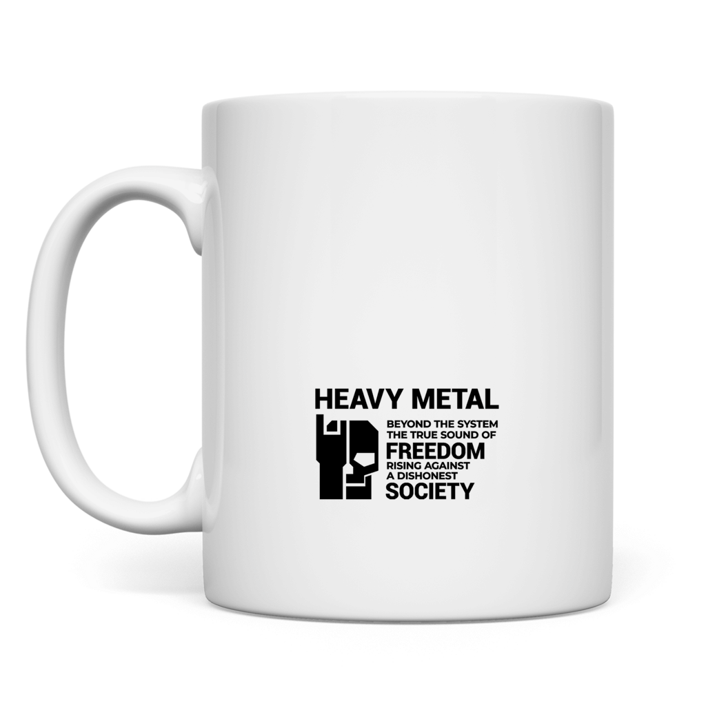 Weiße BnU-Tasse mit „HEAVY METAL“-Text und Grafik