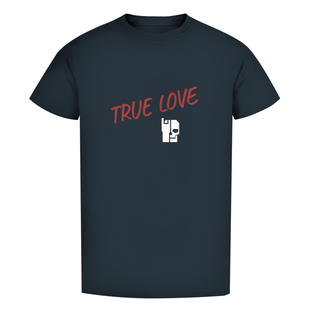 Bio Herren-T-Shirt, dunkelblau, „TRUE LOVE“-Schriftzug mit Herzsymbol-Print