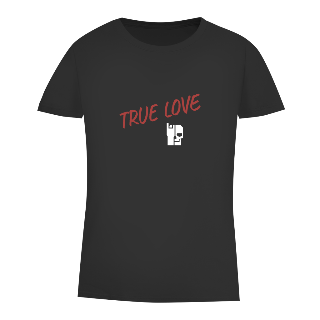 Schwarzes Damen-T-Shirt (Bio) mit „TRUE LOVE“-Schriftzug und weißem Symbol