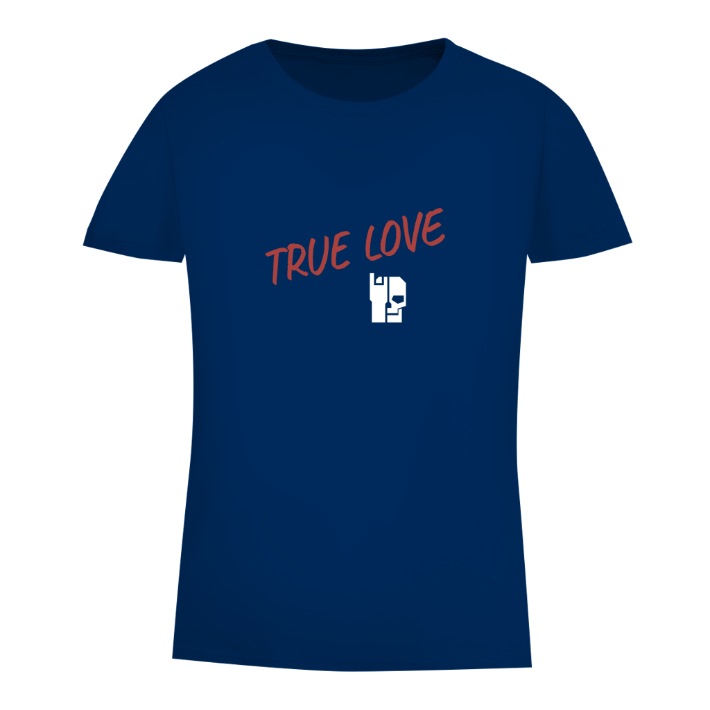 Blaues Damen-T-Shirt (Bio) mit „TRUE LOVE“-Schriftzug und weißem Symbol