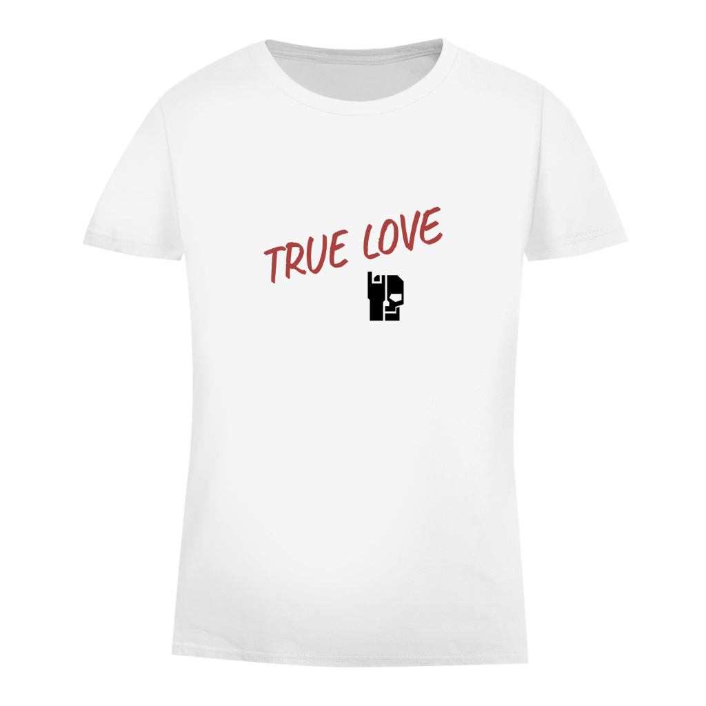 Weißes Damen-T-Shirt (Bio) mit „TRUE LOVE“-Schriftzug und schwarzem Symbol