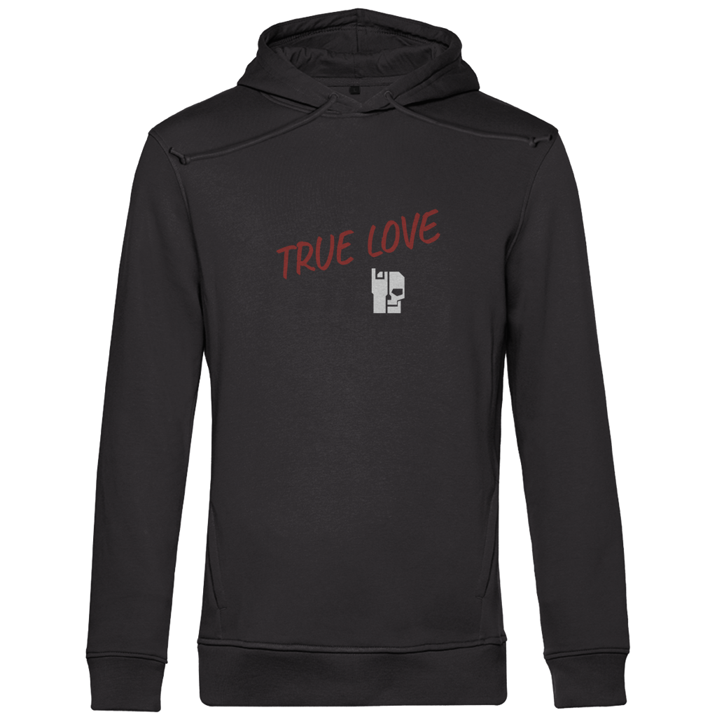 Schwarzer Herren Hoodie Bio mit Kapuze und „TRUE LOVE“-Print auf der Rückseite