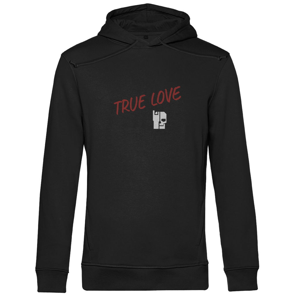Herren Hoodie Bio in Schwarz mit „TRUE LOVE“-Print und Kängurutasche