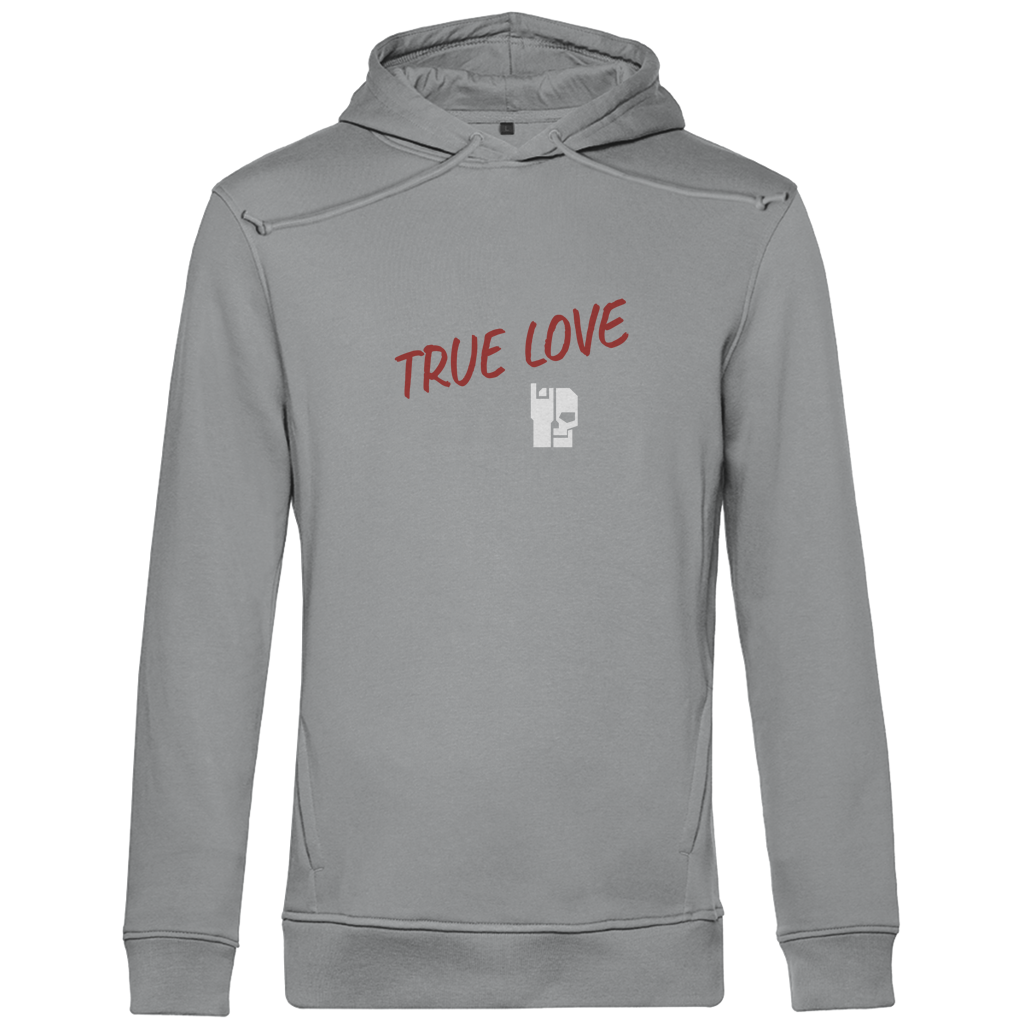 Herren Hoodie Bio in Hellgrau mit „TRUE LOVE“-Print und Kängurutasche