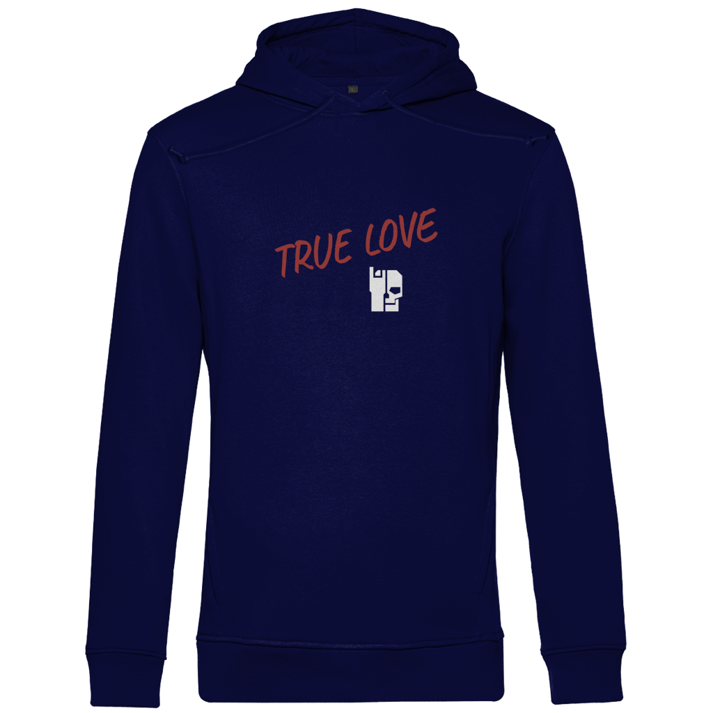 Herren Hoodie Bio in Navy-Blau mit „TRUE LOVE“-Schriftprint auf der Rückseite
