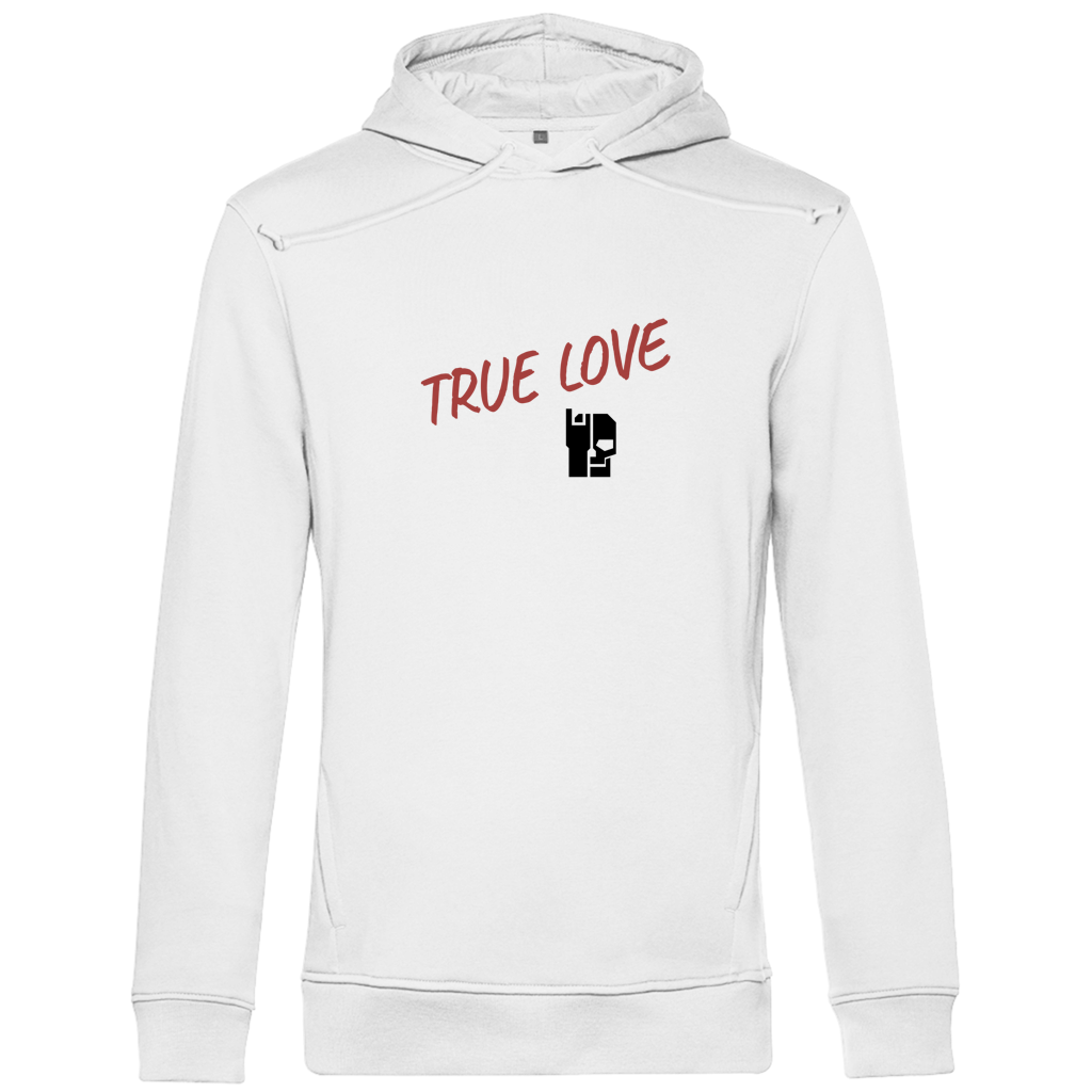 Herren Hoodie Bio in Weiß mit Kapuze und „TRUE LOVE“-Print auf der Rückseite