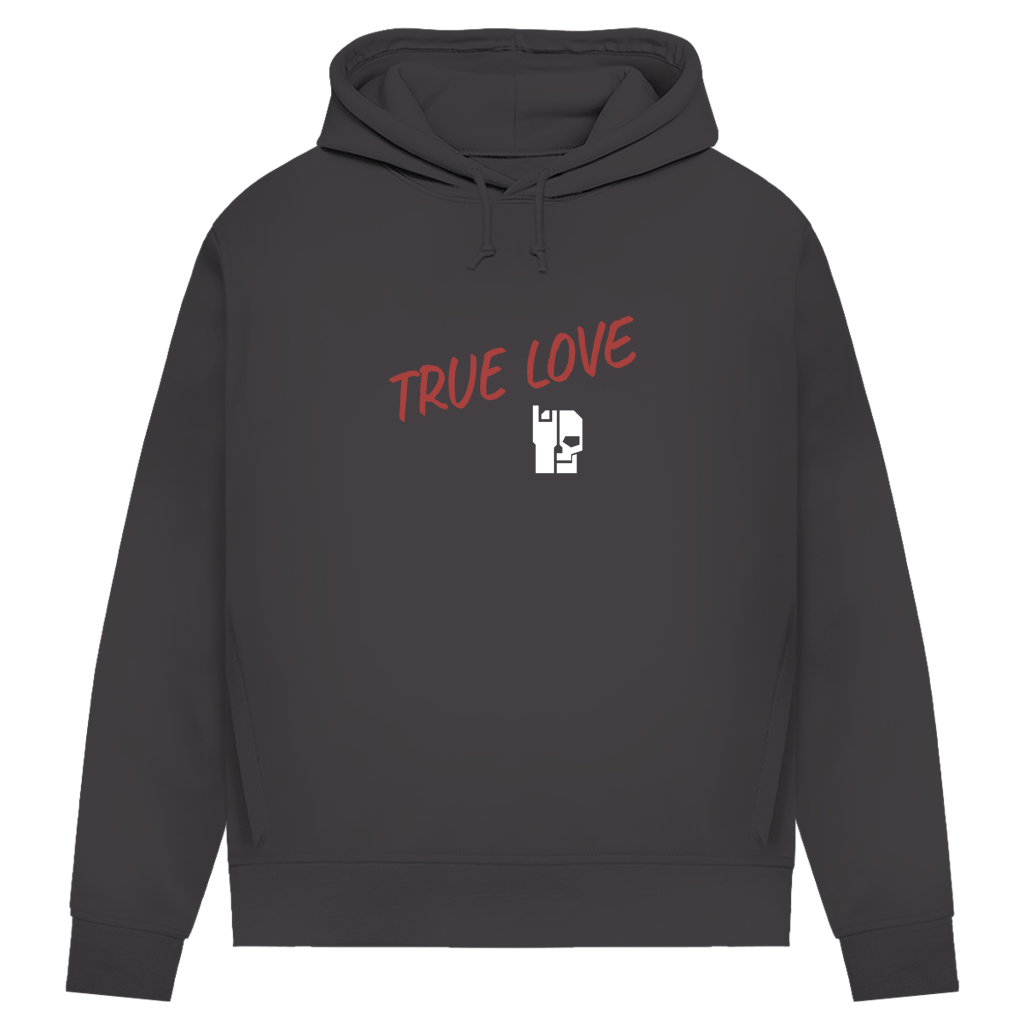 Damen Hoodie in Asphalt, Vorderansicht mit rotem „TRUE LOVE“-Schriftzug und Logo