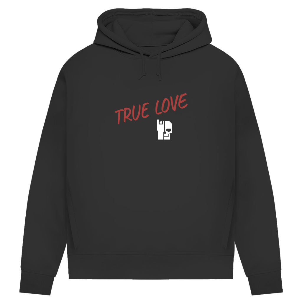 Damen Hoodie in Black Pure mit rotem „TRUE LOVE“-Print und Kordelzug an der Kapuze