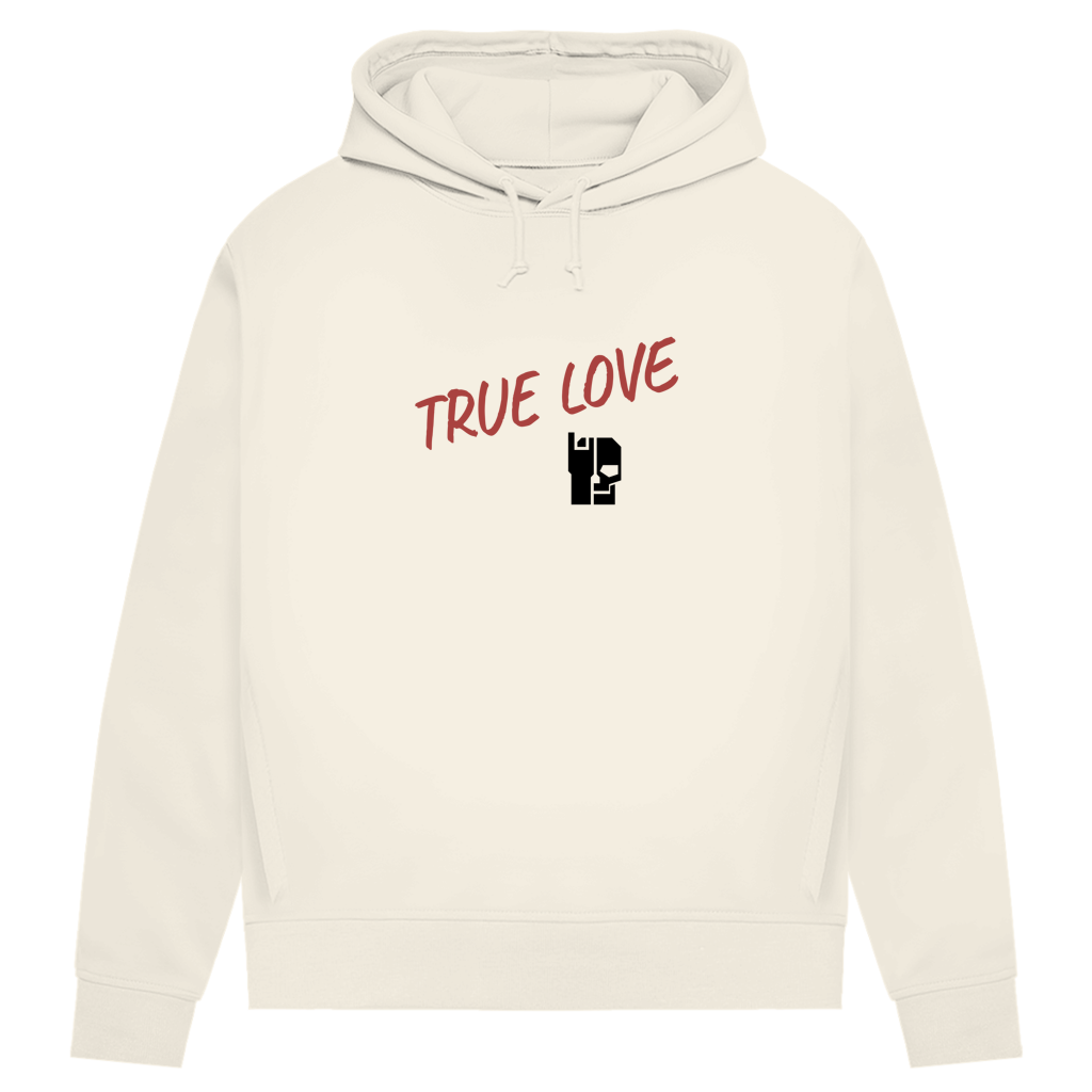 Damen Hoodie in Off White mit rotem „TRUE LOVE“-Print und weißem Taschenbund