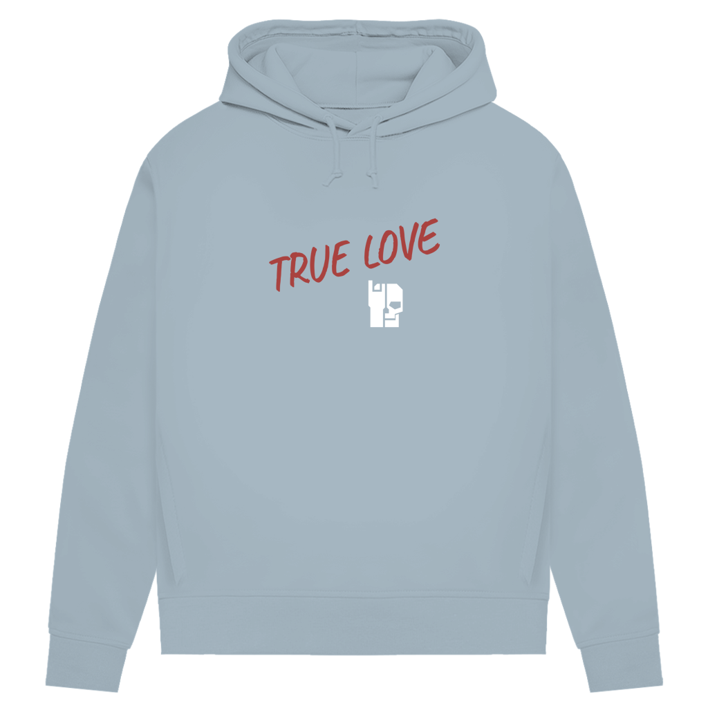 Damen Hoodie in Blue Fog mit rotem „TRUE LOVE“-Print und weißem Logo