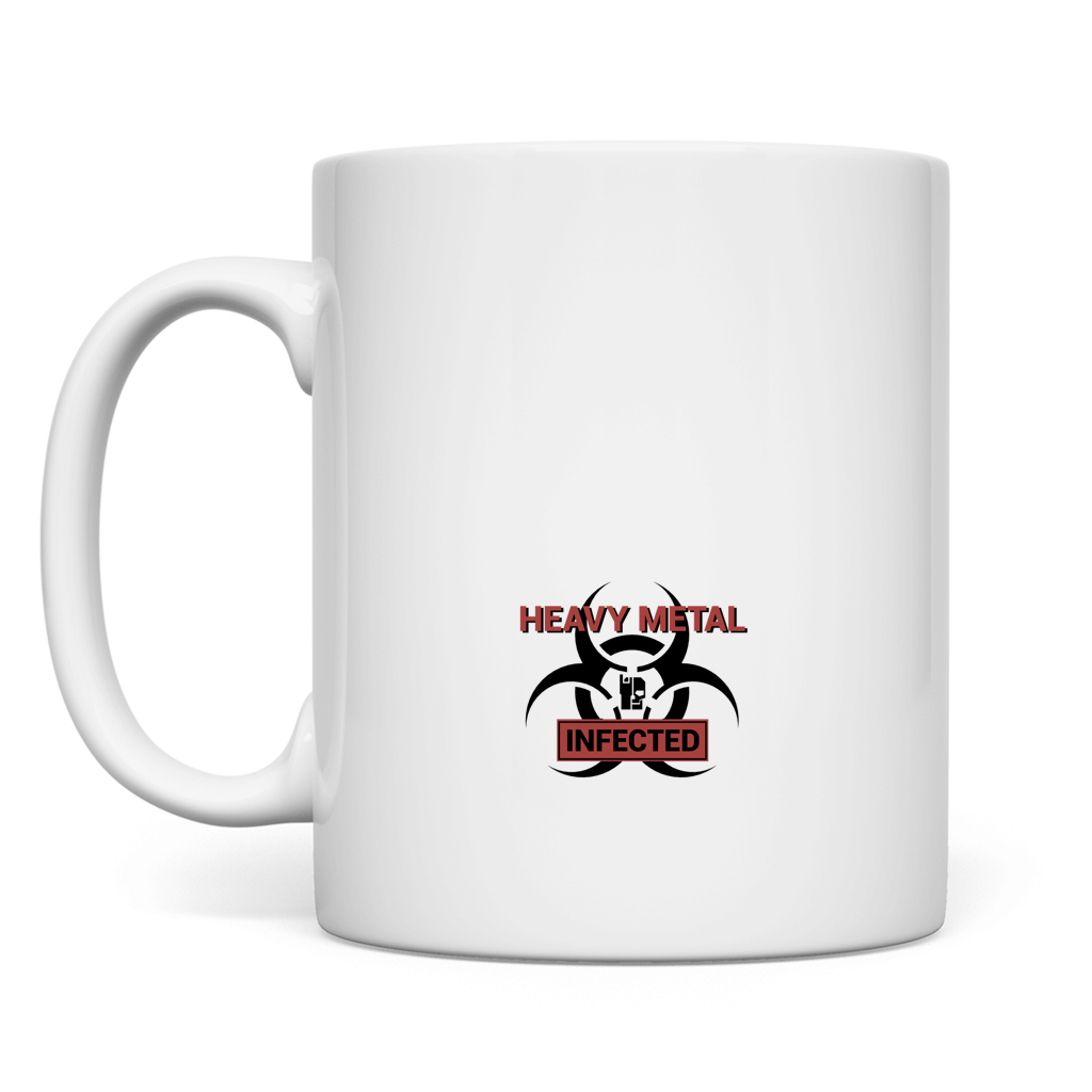 Weiße BnU Metal Hazard Tasse mit Heavy Metal Infected Grafik auf der Vorderseite