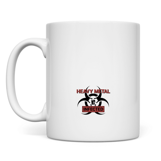 Weiße BnU Metal Hazard Tasse mit Heavy Metal Infected Grafik auf der Vorderseite
