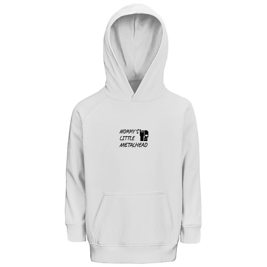 Kinder-Hoodie mit Kapuze, weiß, Frontprint „Mommy’s Little Metalhead“