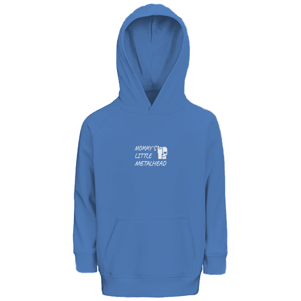 Kinder-Hoodie mit Kapuze, blau, Frontprint „Mommy’s Little Metalhead“